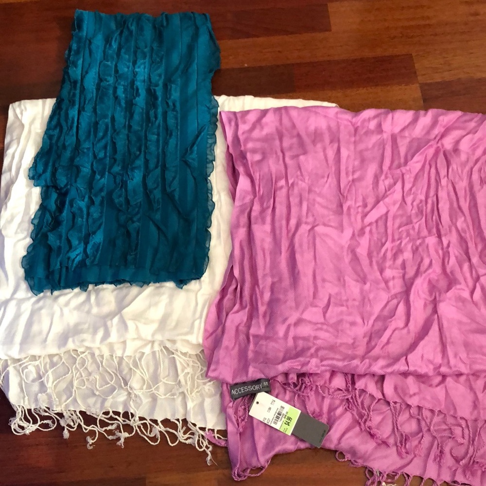 New Scarves lavender, ivory, and, dark teal.